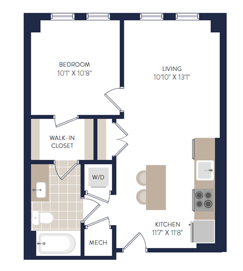 Floor plan for 1 bed, 1 bath, 562 sqft